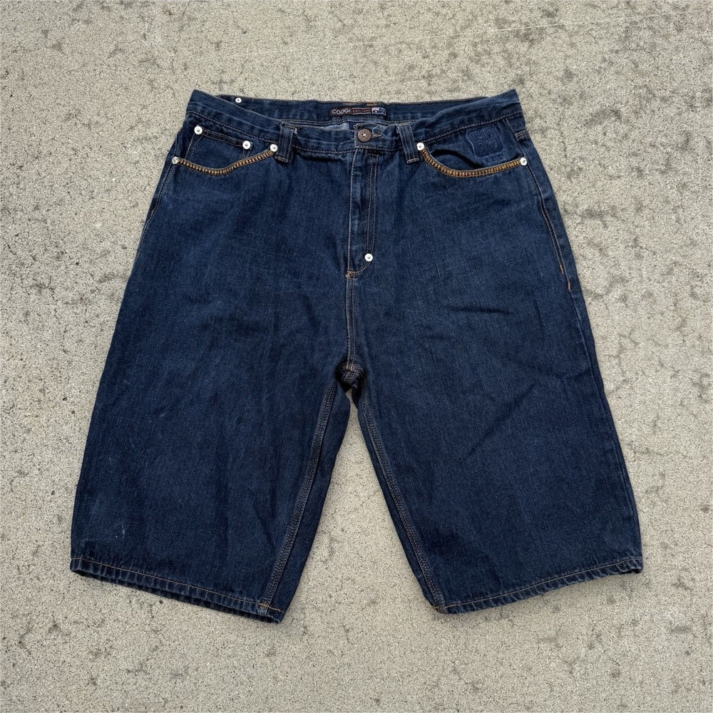 Coogi Men's Dark Blue Denim Bermuda Shorts Embroidered Logo Pockets Cotton‎
